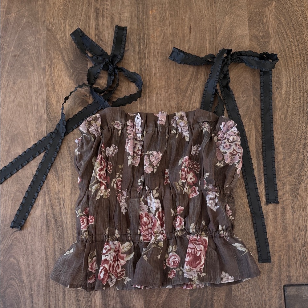 Brock Collection X H&M Floral Brown Ruched Top with Black Ties